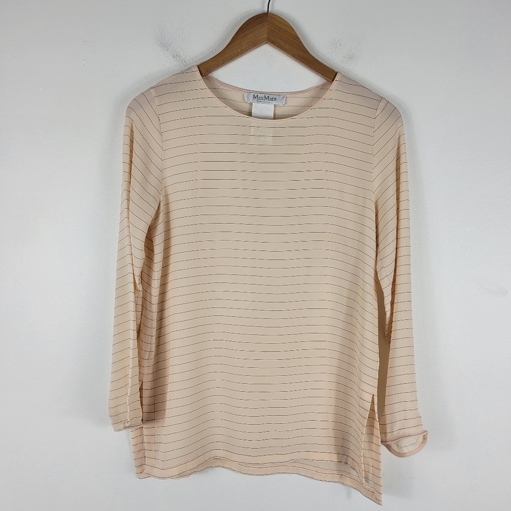 MaxMara Silk Semi Sheer Striped Long Sleeve Crewneck Split Side Blouse